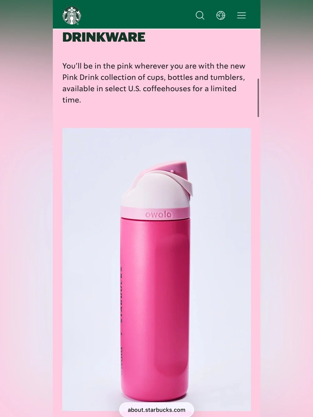 Starbucks x Owala Pink FreeSip Insulated Tumbler - 2026 pink limited edition